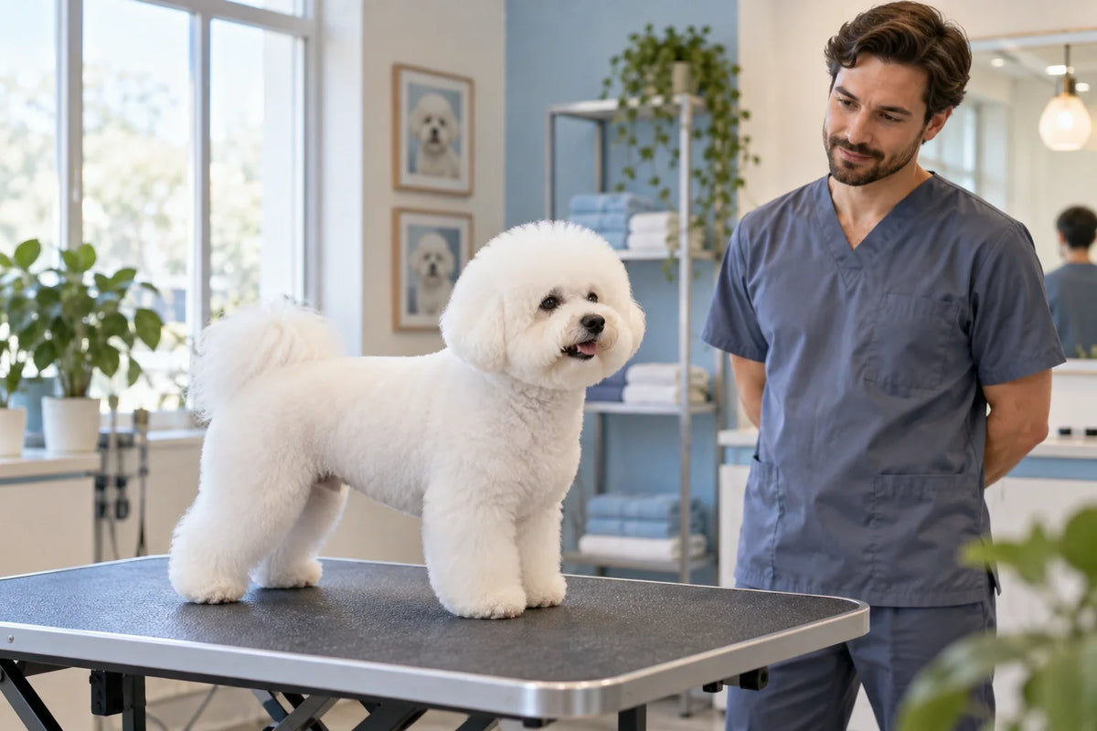 Groomer assessing a Bichon's coat and outline on a grooming table.