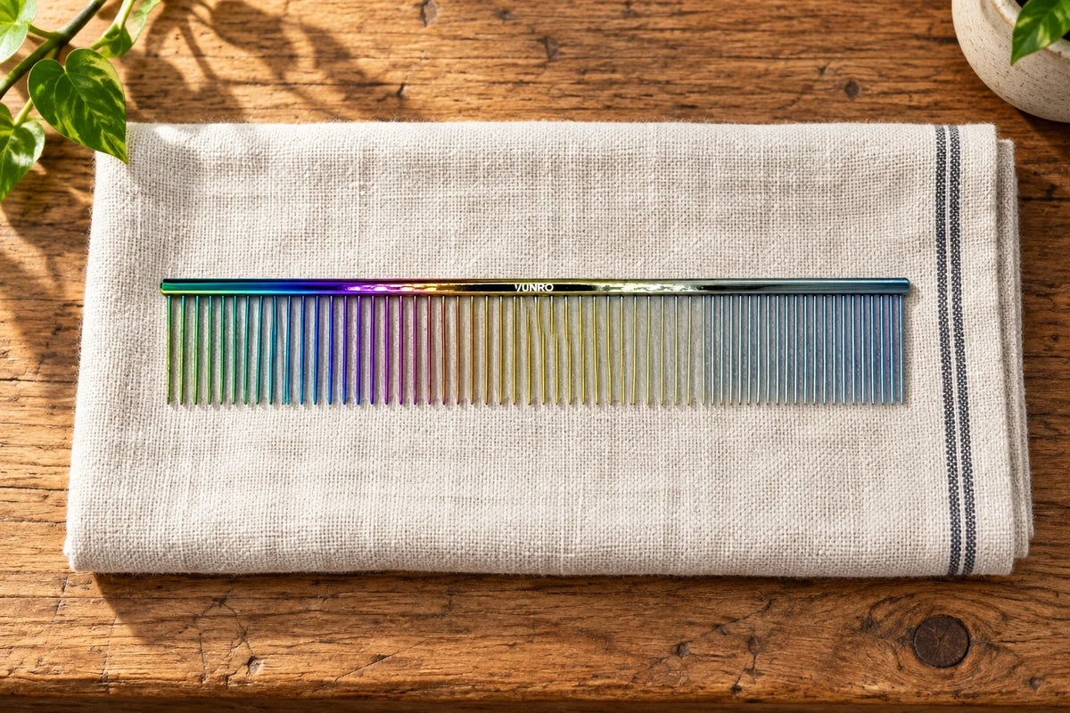 Rainbow VUNRO coarse-and-fine grooming comb lying flat on a towel.