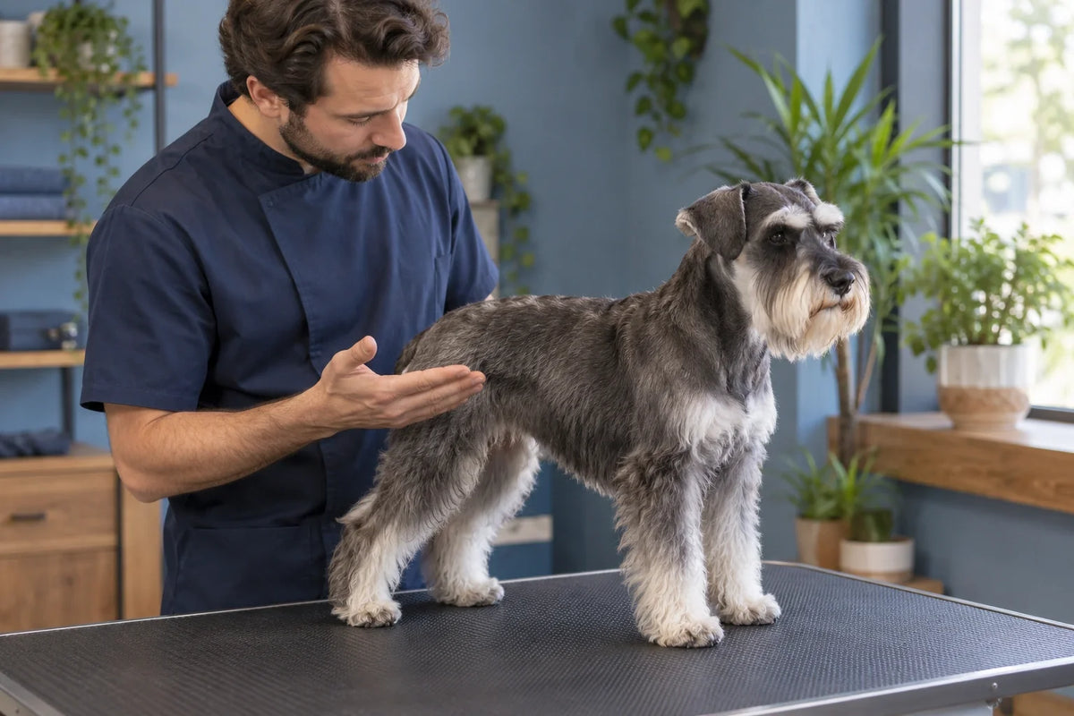 Groomer observing a local coat-direction change on a calmly standing miniature schnauzer before any cutting