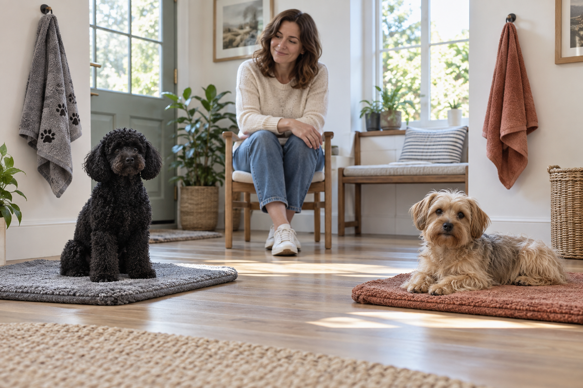 Two dogs resting on separate washable mats in a home grooming space