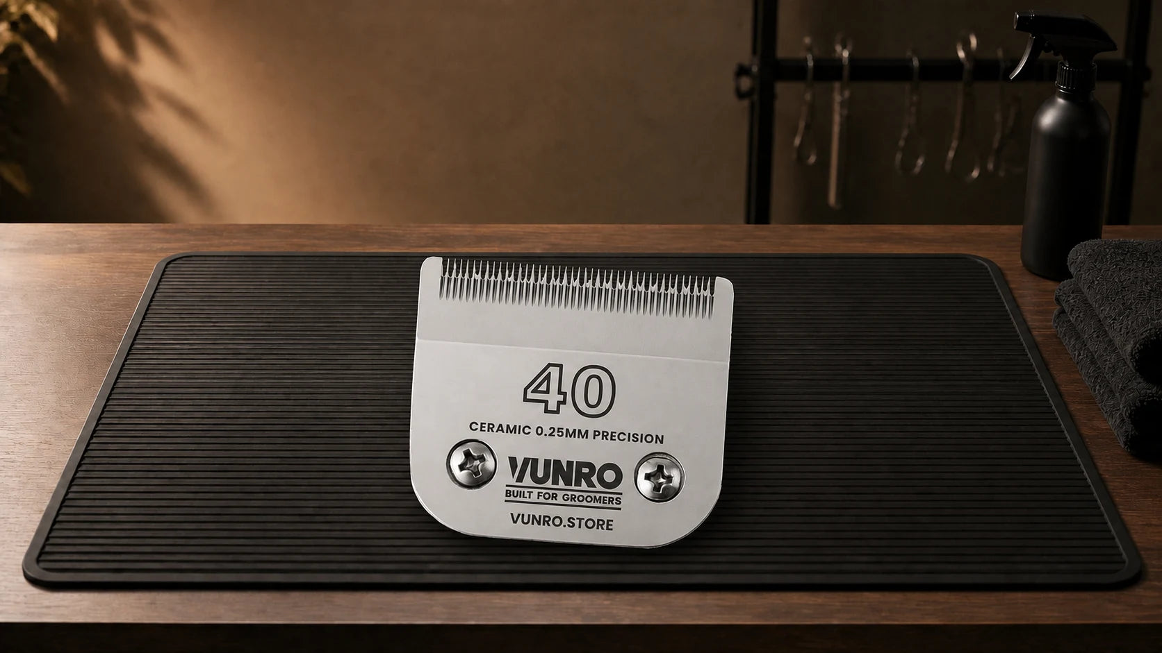 #40 Ceramic Dog Clipper Blade (0.25 mm) resting naturally on the VUNRO grooming workbench