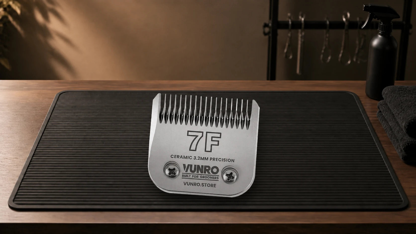 #7F Ceramic Dog Clipper Blade (3.2 mm) resting naturally on the VUNRO grooming workbench